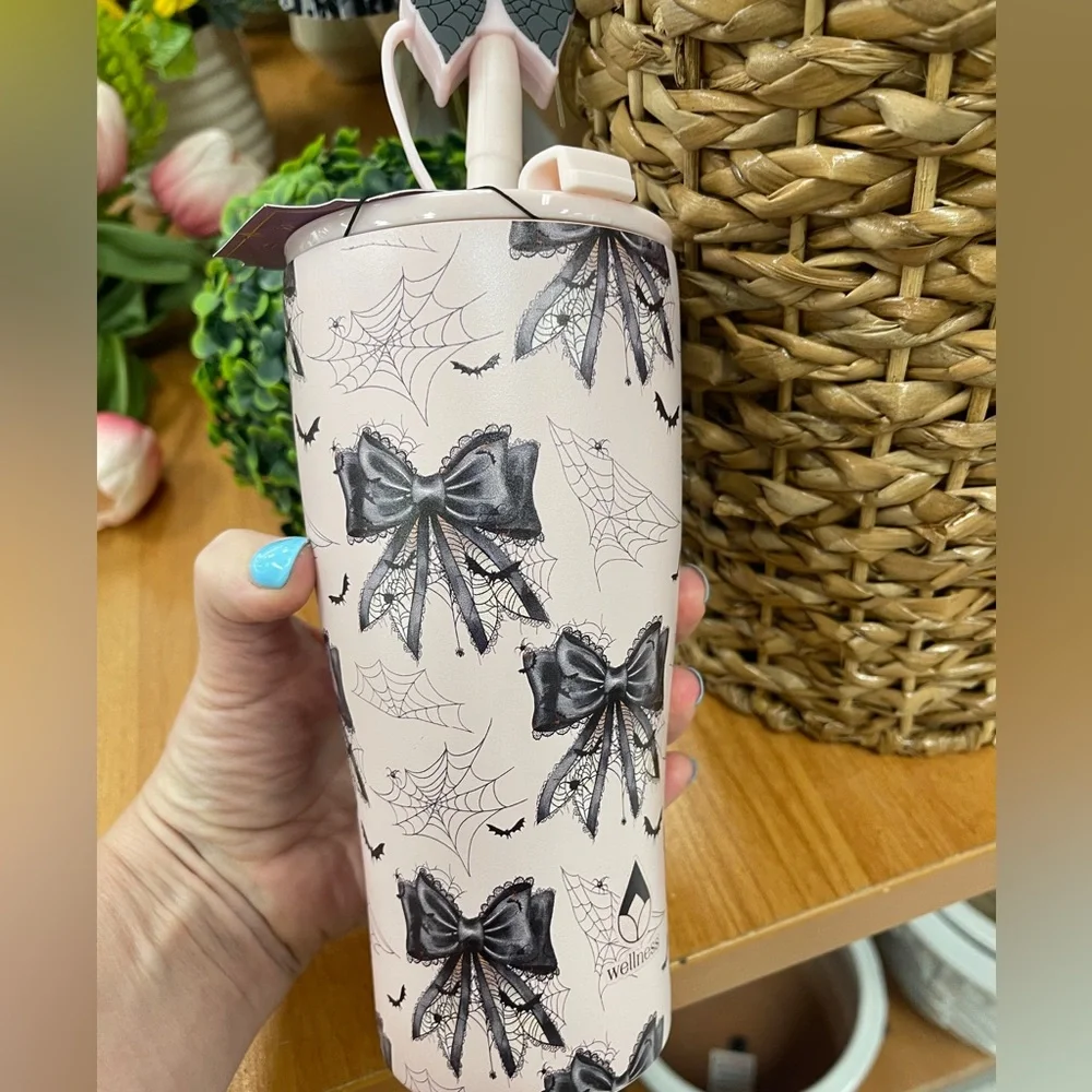 Pink Halloween Black Bows Spiderwebs Insulated Stainless Tumbler w/Lid Straw NWT